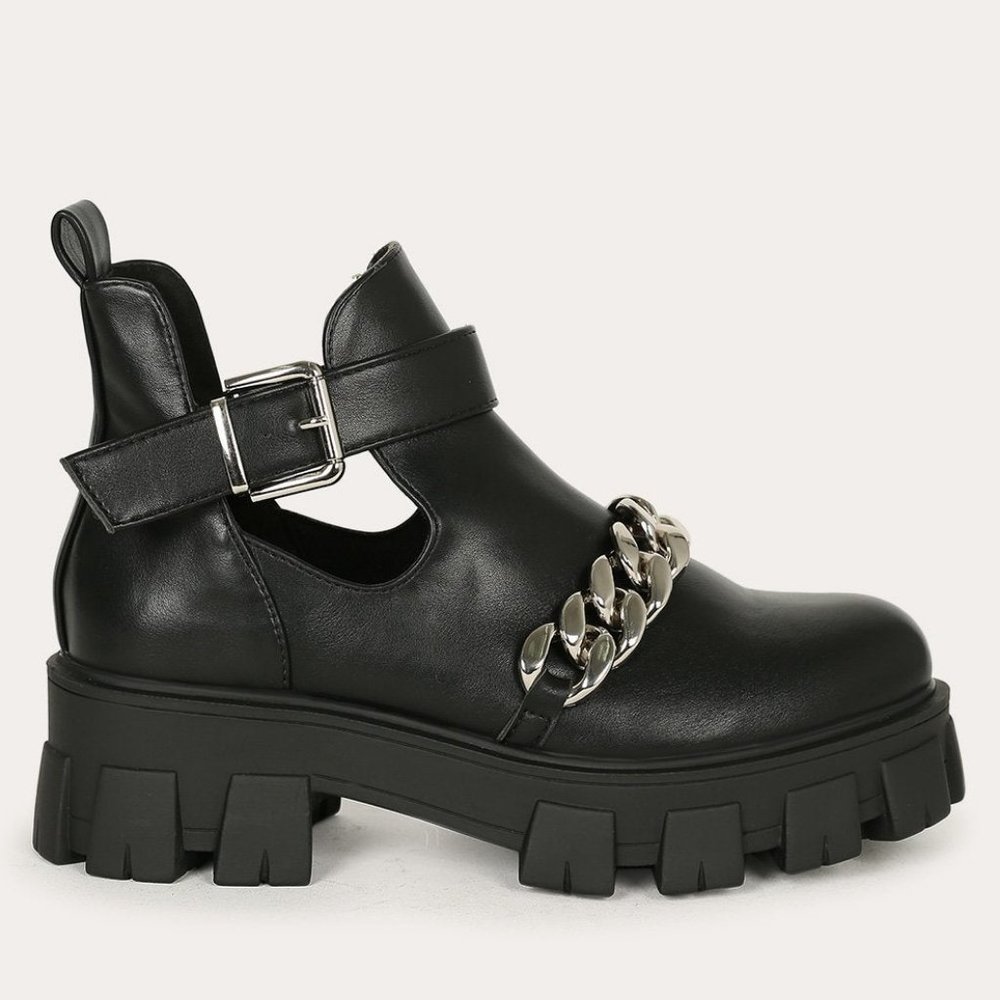 Chain Adorned Silver Chunky Platform Boot Cutout Buckle Lugged Bootie - Picture 3 of 7